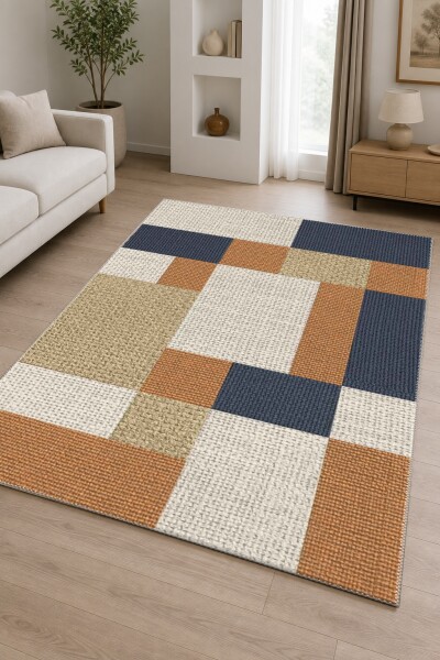 Lacivert Turuncu Amber Keten Bej Kare Blok Patchwork Dokulu Grid Modern Salon Halısı