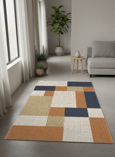 Lacivert Turuncu Amber Keten Bej Kare Blok Patchwork Dokulu Grid Modern Salon Halısı