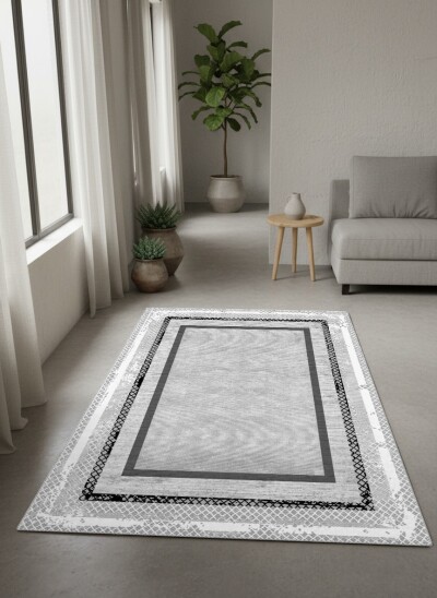 Açık Gri Beyaz Vintage Çerçeveli Siyah Dantel Örgü Kenar Bordürlü Minimal Sade Salon Halısı