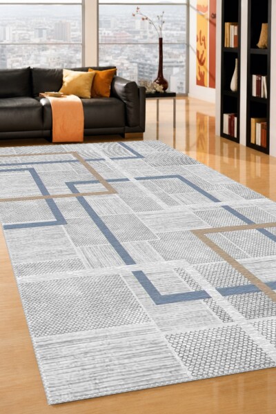 Açık Gri Zemin Mavi Amber İç İçe Dikdörtgen Çerçeve Geometrik Modern Minimalist Salon Halısı
