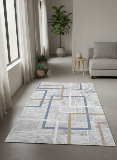 Açık Gri Zemin Mavi Amber İç İçe Dikdörtgen Çerçeve Geometrik Modern Minimalist Salon Halısı