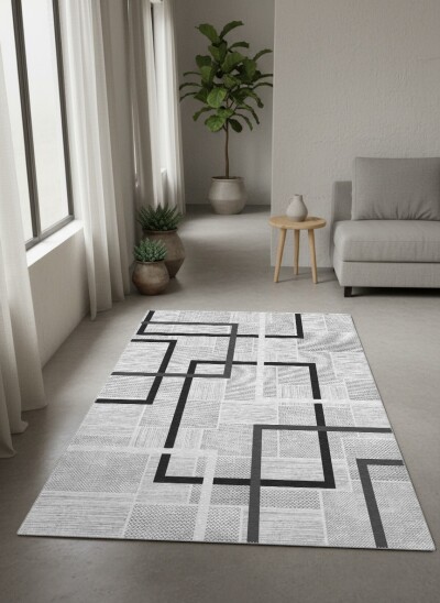 Açık Gri Zemin Siyah Kalın İç İçe Kare Dikdörtgen Çerçeve Geometrik Bold Modern Salon Halısı