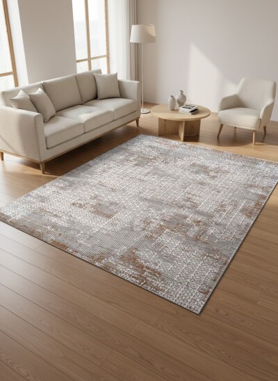Bej Krem Zemin Beyaz İnce Geometrik Kafes Izgaralı Eskitme Distressed Vintage Salon Halısı