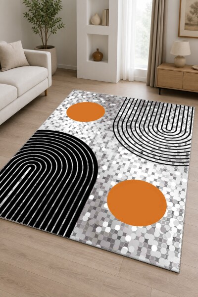 Gümüş Mozaik Zemin Turuncu Güneş Daire Siyah Yay Çizgi Mid-Century Modern Abstract Salon Halısı