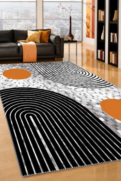 Gümüş Mozaik Zemin Turuncu Güneş Daire Siyah Yay Çizgi Mid-Century Modern Abstract Salon Halısı