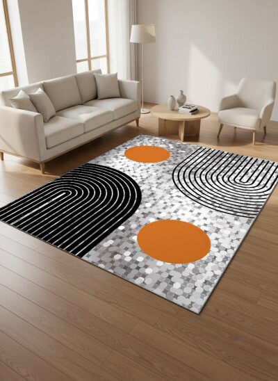 Gümüş Mozaik Zemin Turuncu Güneş Daire Siyah Yay Çizgi Mid-Century Modern Abstract Salon Halısı