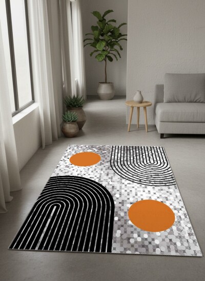 Gümüş Mozaik Zemin Turuncu Güneş Daire Siyah Yay Çizgi Mid-Century Modern Abstract Salon Halısı