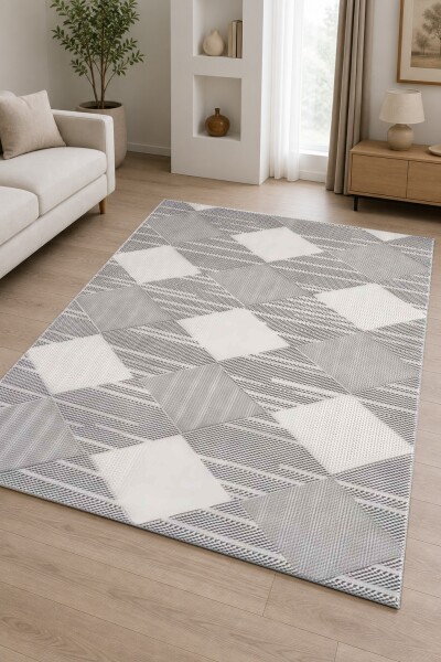 Açık Gri Beyaz Ton Üstü Ton Büyük Baklava Geometrik X Dokulu Modern Salon Halısı