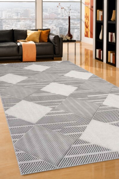 Açık Gri Beyaz Ton Üstü Ton Büyük Baklava Geometrik X Dokulu Modern Salon Halısı