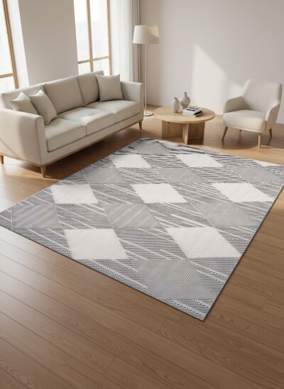 Açık Gri Beyaz Ton Üstü Ton Büyük Baklava Geometrik X Dokulu Modern Salon Halısı