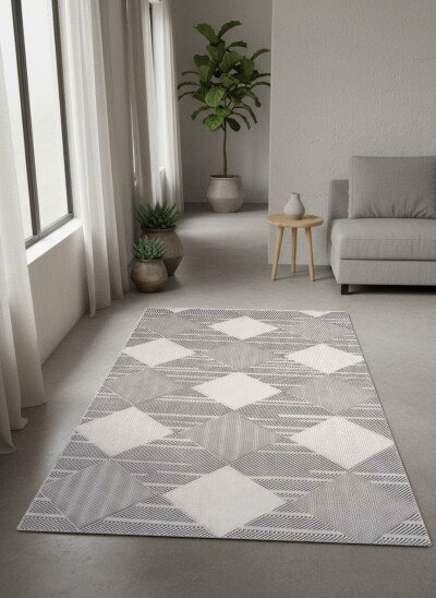 Açık Gri Beyaz Ton Üstü Ton Büyük Baklava Geometrik X Dokulu Modern Salon Halısı