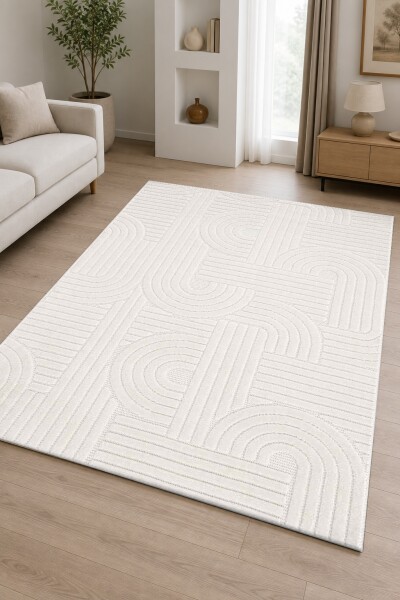 Beyaz Krem Ton Üstü Ton Labirent Meander Yay Çizgi İnce Rölyef Minimalist Salon Halısı