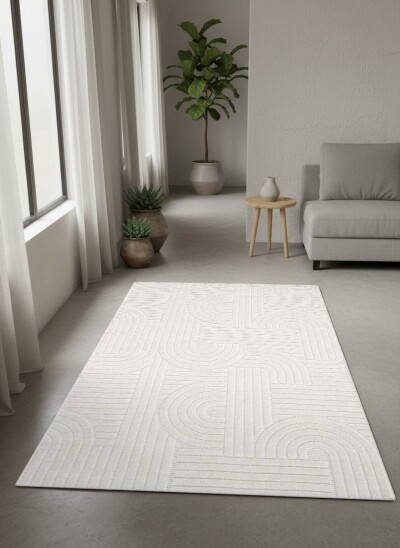 Beyaz Krem Ton Üstü Ton Labirent Meander Yay Çizgi İnce Rölyef Minimalist Salon Halısı