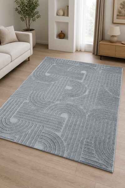 Orta Gri Ton Üstü Ton Labirent Meander Spiral Yay Çizgi Rölyef Modern Salon Halısı