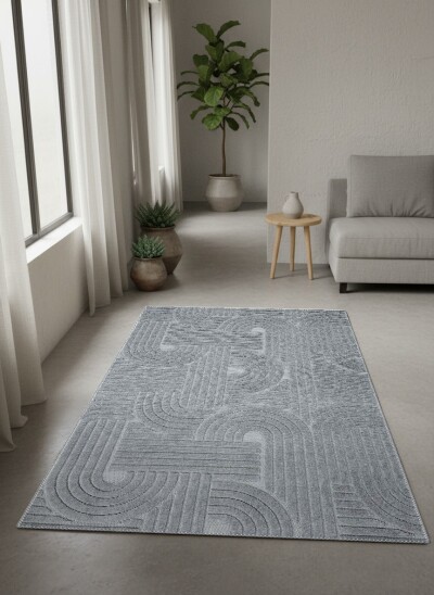 Orta Gri Ton Üstü Ton Labirent Meander Spiral Yay Çizgi Rölyef Modern Salon Halısı