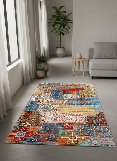 Çok Renkli Mavi Baskın Anadolu Kilim Patchwork Kolaj Parlak Geometrik Etnik Salon Halısı