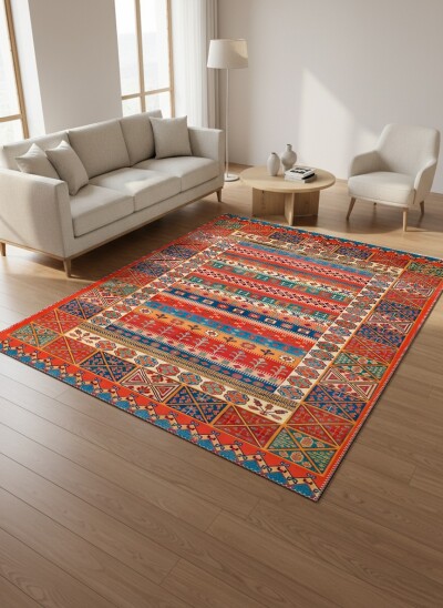 Kırmızı Turuncu Baskın Anadolu Yatay Geometrik Şerit Bordürlü Geleneksel Kilim Salon Halısı