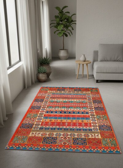 Kırmızı Turuncu Baskın Anadolu Yatay Geometrik Şerit Bordürlü Geleneksel Kilim Salon Halısı