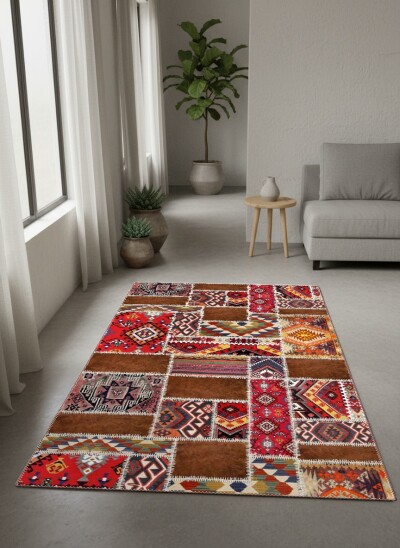 Kahverengi Terrakota Zemin Anadolu Türkmen Kilim Patchwork Kolaj Geleneksel Etnik Salon Halısı