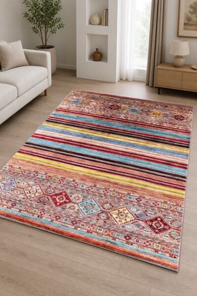 Çok Renkli Afgan Kilim Teal Kırmızı Turuncu Sarı Yatay Şeritli Geometrik Bordürlü Salon Halısı