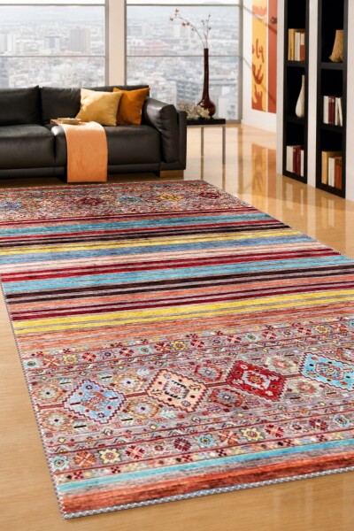 Çok Renkli Afgan Kilim Teal Kırmızı Turuncu Sarı Yatay Şeritli Geometrik Bordürlü Salon Halısı