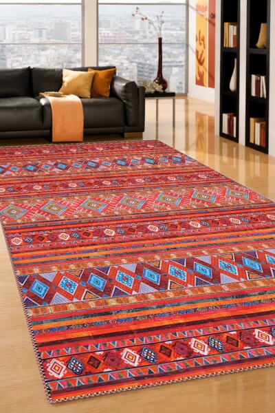 Çok Renkli Kırmızı Turuncu Baskın Yatay Şeritli Baklava Geometrik Afgan Kilim Etnik Salon Halısı