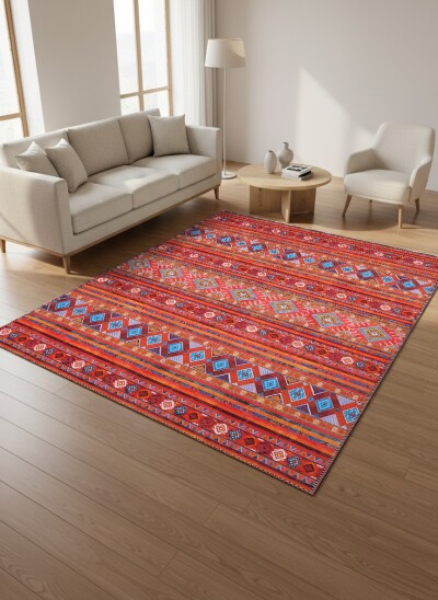 Çok Renkli Kırmızı Turuncu Baskın Yatay Şeritli Baklava Geometrik Afgan Kilim Etnik Salon Halısı