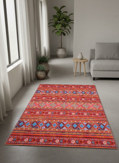 Çok Renkli Kırmızı Turuncu Baskın Yatay Şeritli Baklava Geometrik Afgan Kilim Etnik Salon Halısı