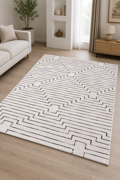 Krem Beyaz Zemin Siyah Konturlu Basamaklı Kademeli Geometrik Modern Minimalist Salon Halısı
