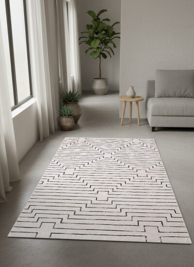 Krem Beyaz Zemin Siyah Konturlu Basamaklı Kademeli Geometrik Modern Minimalist Salon Halısı