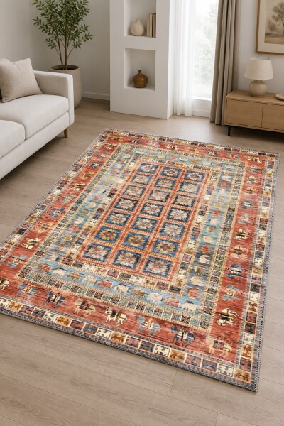 Terrakota Kırmızı Zemin Mavi Panel Hayvan Figürlü Afgan Pictorial Kareli Geometrik Etnik Salon Halısı