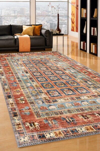 Terrakota Kırmızı Zemin Mavi Panel Hayvan Figürlü Afgan Pictorial Kareli Geometrik Etnik Salon Halısı
