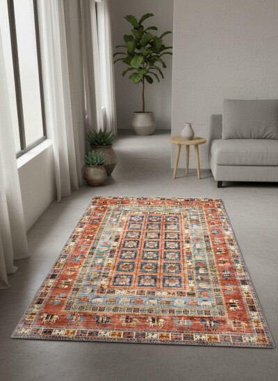 Terrakota Kırmızı Zemin Mavi Panel Hayvan Figürlü Afgan Pictorial Kareli Geometrik Etnik Salon Halısı