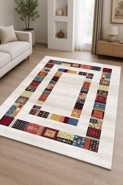 Krem Bej Zemin Çok Renkli Gabbeh Patchwork Kareli Çerçeveli Tribal Etnik Loribaf Salon Halısı