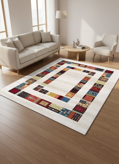 Krem Bej Zemin Çok Renkli Gabbeh Patchwork Kareli Çerçeveli Tribal Etnik Loribaf Salon Halısı