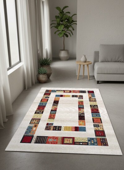 Krem Bej Zemin Çok Renkli Gabbeh Patchwork Kareli Çerçeveli Tribal Etnik Loribaf Salon Halısı