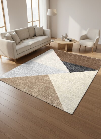 Kahverengi Gri Antrasit Bej Krem Büyük Üçgen Geometrik Color Block Modern Bauhaus Salon Halısı
