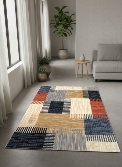 Krem Bej Lacivert Turuncu Kırmızı Dikey Şeritli Dokusal Patchwork Kareli Modern Salon Halısı
