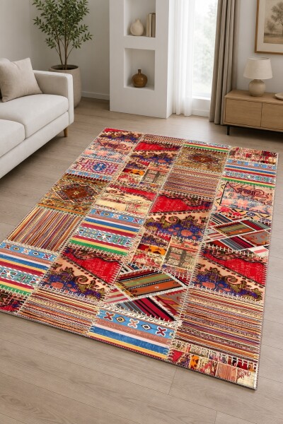 Çok Renkli Kırmızı Baskın Anadolu Kilim Patchwork Kolaj Vintage Etnik Şeritli Büyük Salon Halısı