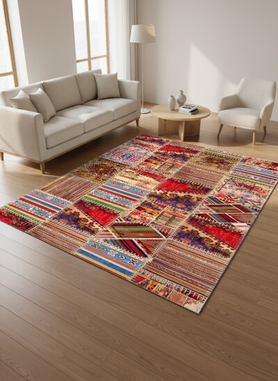 Çok Renkli Kırmızı Baskın Anadolu Kilim Patchwork Kolaj Vintage Etnik Şeritli Büyük Salon Halısı