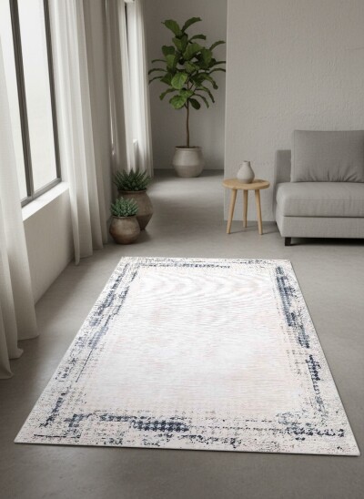 Krem Bej Zemin Açık Gri Mavi Eskitme Çerçeveli Sade Vintage Modern Minimalist Salon Halısı