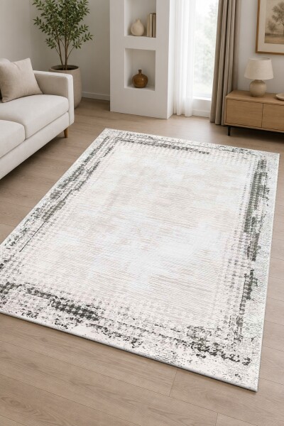 Krem Açık Gri Zemin Gri Kazayağı Bordürlü Eskitme Sade Vintage Modern Minimalist Salon Halısı