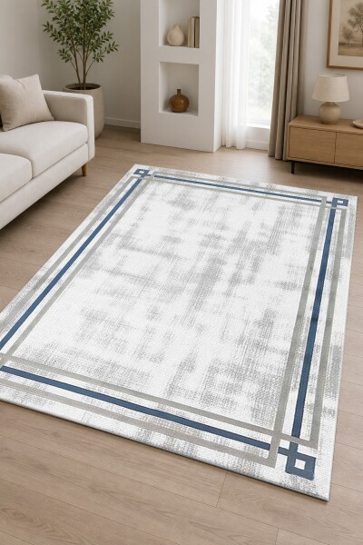 Krem Açık Gri Zemin Lacivert İnce Çizgili T Köşe Ornamentli Sade Modern Minimalist Salon Halısı