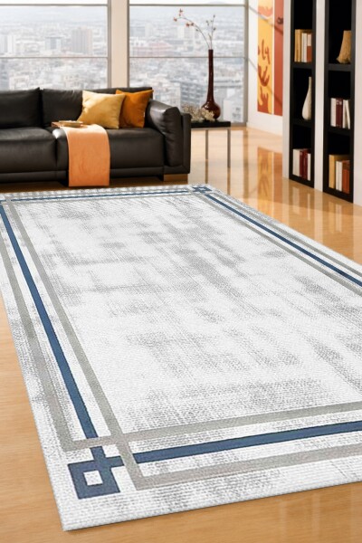 Krem Açık Gri Zemin Lacivert İnce Çizgili T Köşe Ornamentli Sade Modern Minimalist Salon Halısı