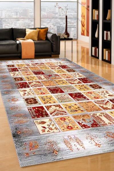 Gri Gümüş Çerçeveli Krem Sarı Kırmızı Osmanlı Çiçekli Patchwork Kareli Geleneksel Salon Halısı