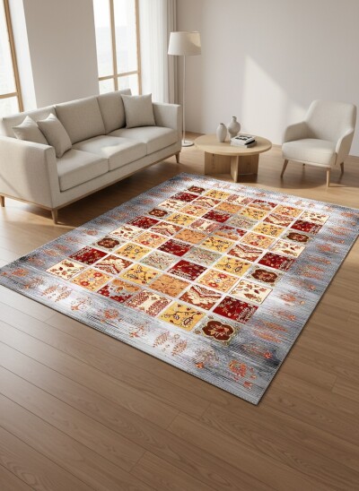Gri Gümüş Çerçeveli Krem Sarı Kırmızı Osmanlı Çiçekli Patchwork Kareli Geleneksel Salon Halısı