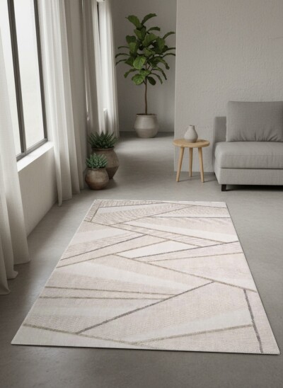 Krem Bej Zemin Gri Konturlu Diyagonal Kesişen Şeritli Soyut Modern Minimalist Salon Halısı