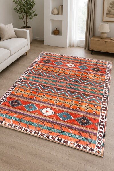 Turuncu Terrakota Baskın Çok Renkli Yatay Şeritli Zigzag Navajo Kafkas Geometrik Etnik Salon Halısı