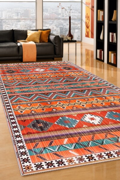 Turuncu Terrakota Baskın Çok Renkli Yatay Şeritli Zigzag Navajo Kafkas Geometrik Etnik Salon Halısı