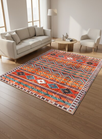 Turuncu Terrakota Baskın Çok Renkli Yatay Şeritli Zigzag Navajo Kafkas Geometrik Etnik Salon Halısı